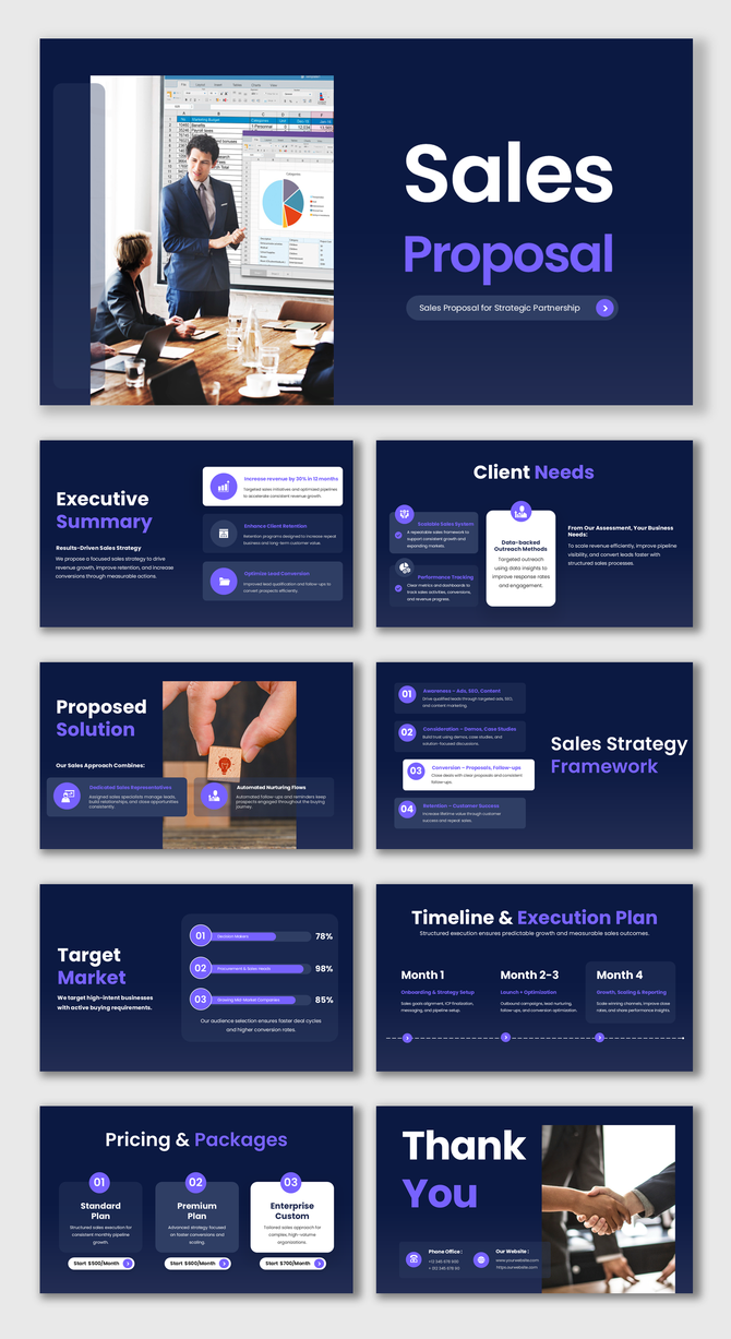 Sales proposal presentation with dark blue theme, business meeting visuals, charts, timelines, and pricing sections.