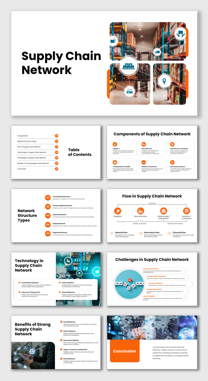 Supply chain network presentation with warehouse visuals, logistics icons, flow diagrams, and a clean white-orange layout.