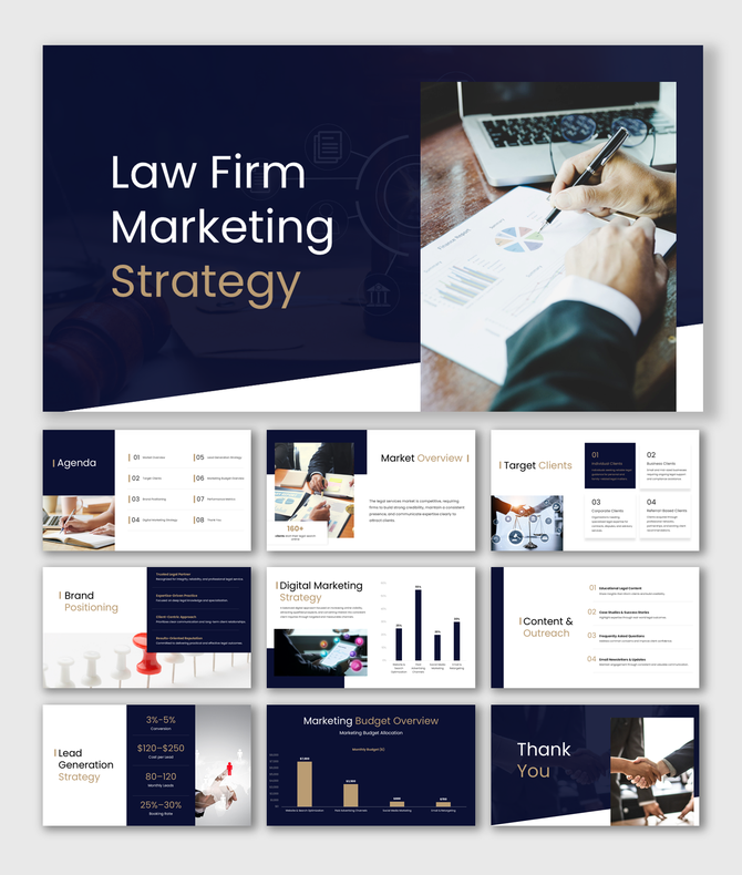 Law firm marketing strategy presentation with dark blue theme, legal visuals, data charts, and structured client growth plan.