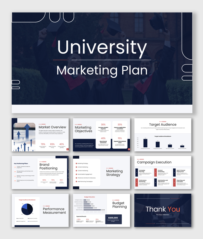 University marketing plan slides with graduate visuals, clean layouts, data charts, and strategic student enrollment focus.