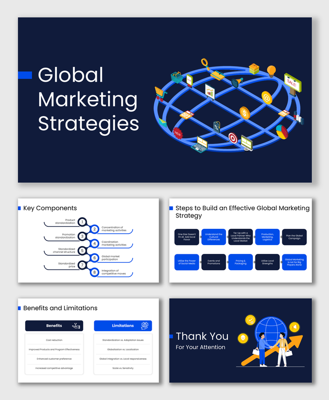 Global marketing strategies presentation with blue theme, globe icons, strategy steps, benefits, and clean layouts.