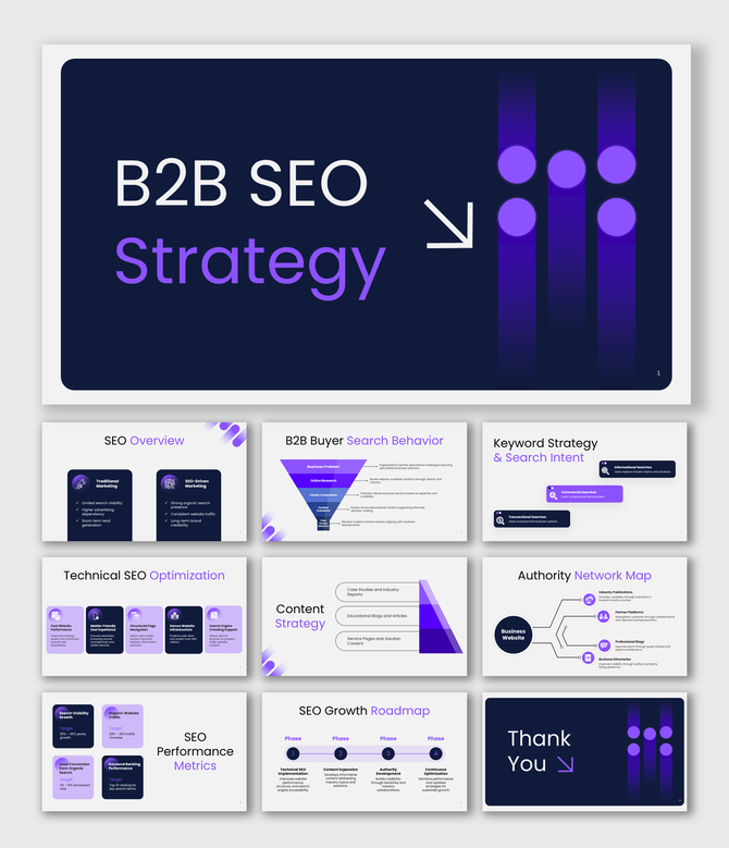 B2B SEO strategy presentation with dark UI, purple accents, search intent, content, and growth roadmap.