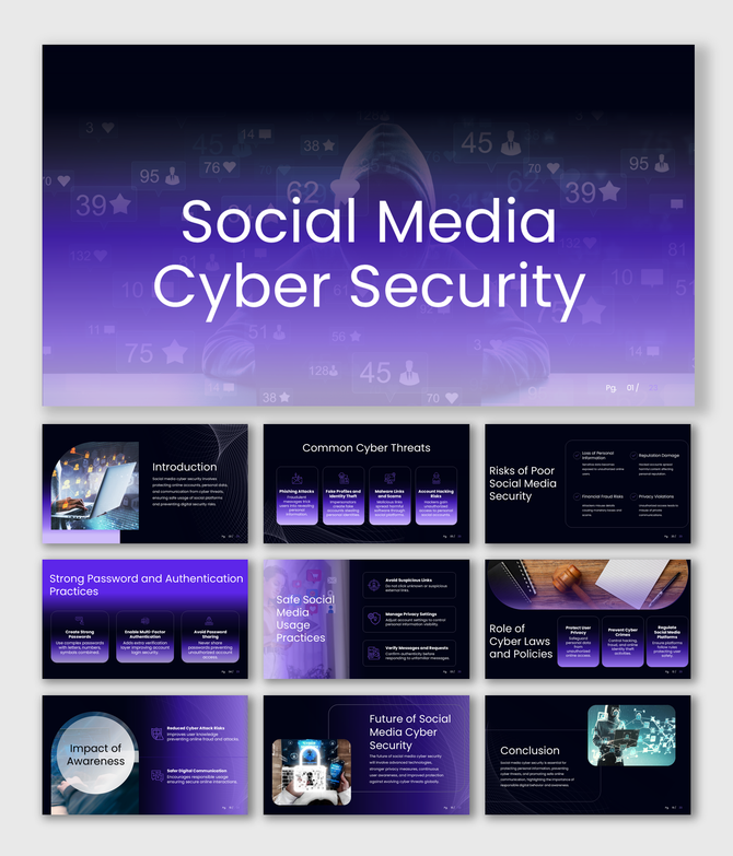 Social media cyber security presentation with dark purple theme, threat icons, safety tips, and modern infographic slides.