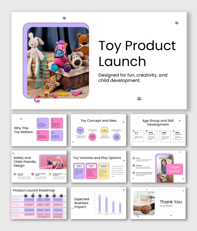 Toy Product Launch Presentation With Plush Toys, Pastel Colors, Rounded Shapes, And Child-Friendly Layout.