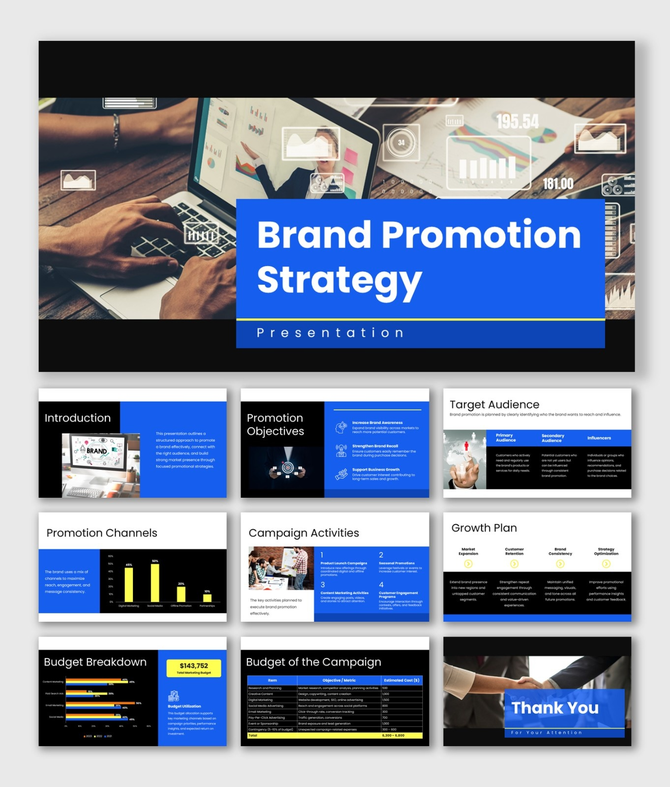 Brand promotion strategy presentation with analytics visuals, blue highlights, structured slides, and data-driven insights.