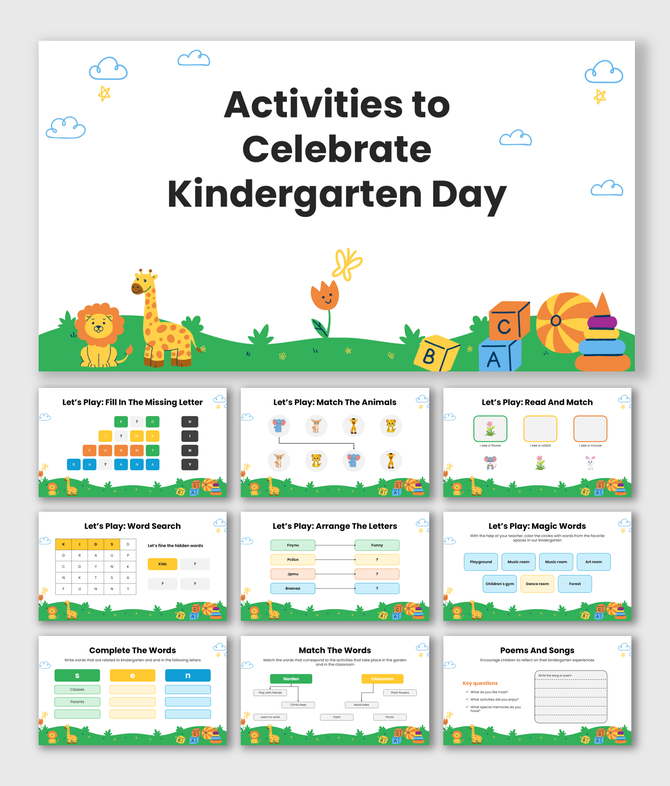 Activities to celebrate kindergarten day presentation with cartoon animals, ABC blocks, bright colors, and fun games.