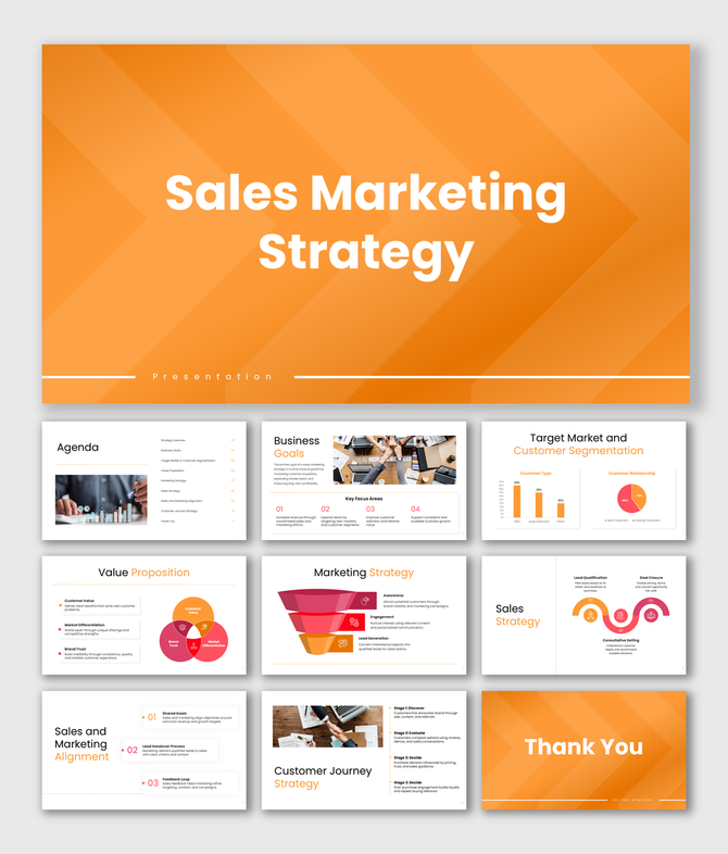 Sales marketing strategy presentation with bold orange theme, funnel charts, arrow shapes, and structured slides.