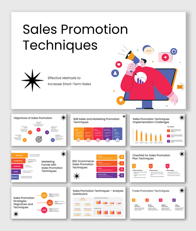 Sales promotion techniques presentation with megaphone graphic, funnel charts, vibrant icons, and structured slides.