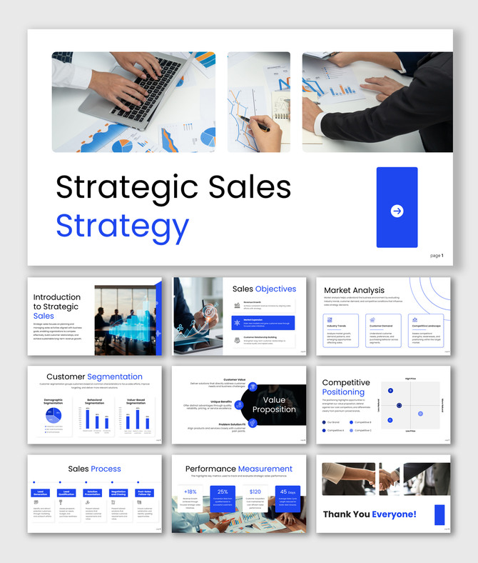 Strategic sales strategy presentation with blue theme, business charts, market analysis slides, and data visuals.
