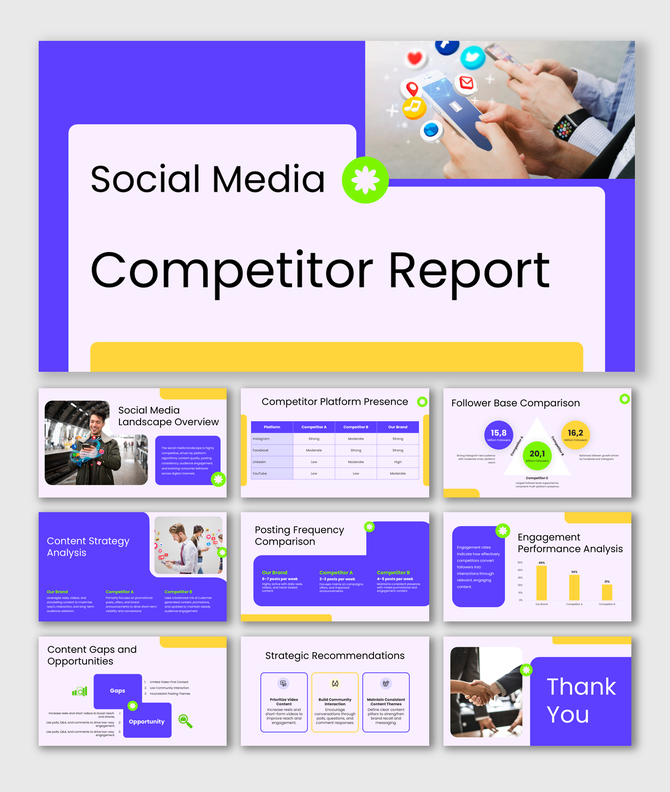 Social media competitor report presentation with purple theme, analytics charts, platform tables, and engagement insights.