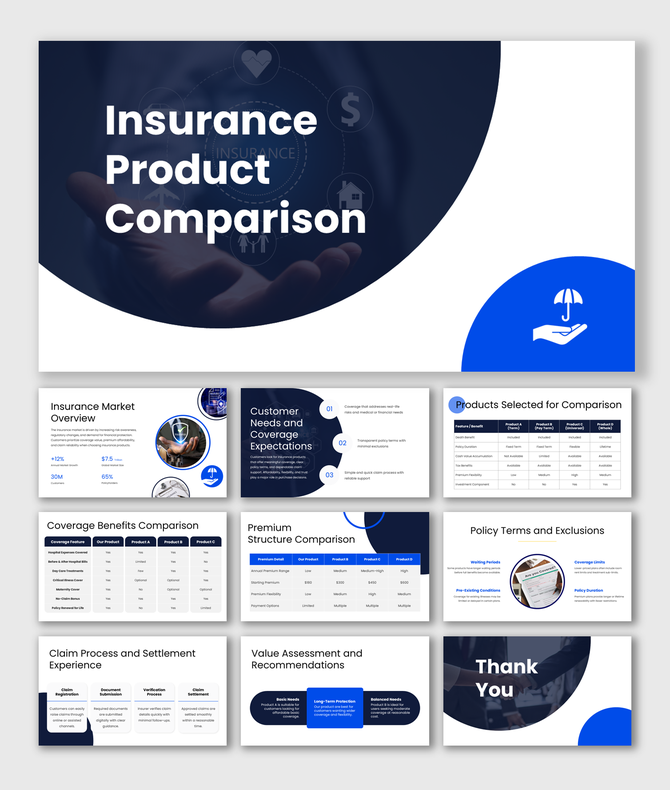 Insurance product comparison presentation with blue theme, coverage tables, premium charts, and policy analysis slides.