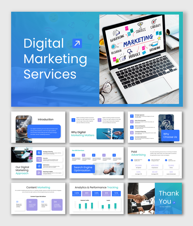 Digital marketing services presentation with blue gradient theme, SEO, paid ads, analytics charts, and strategy slides.