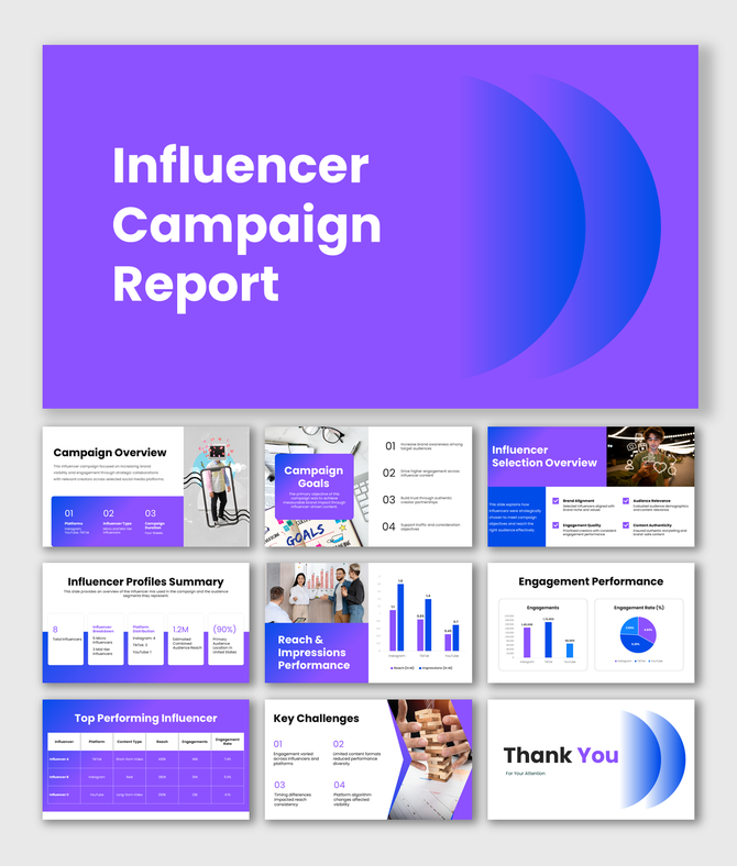 Influencer campaign report presentation with purple gradient theme, reach charts, engagement graphs, and campaign insights.