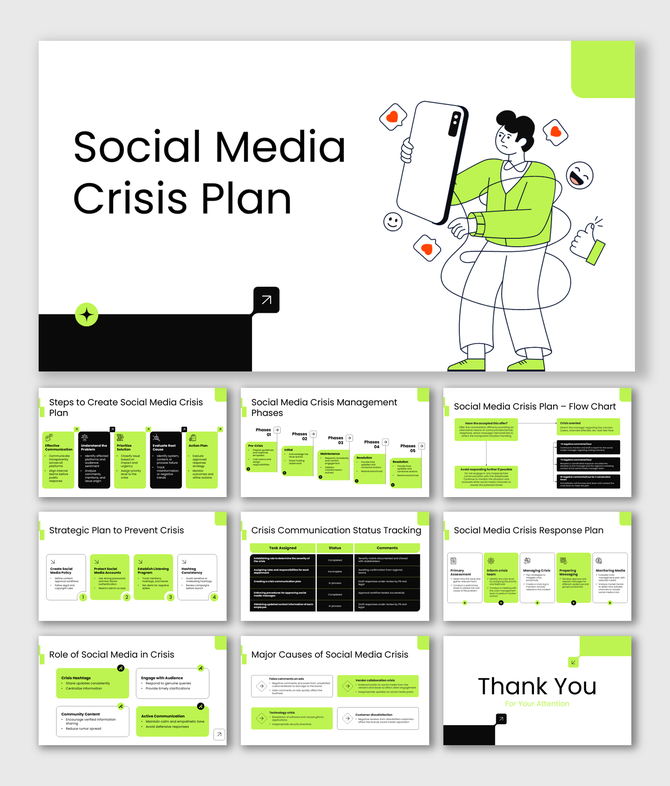 Social media crisis plan presentation with green accents, flow charts, response steps, and tracking tables.