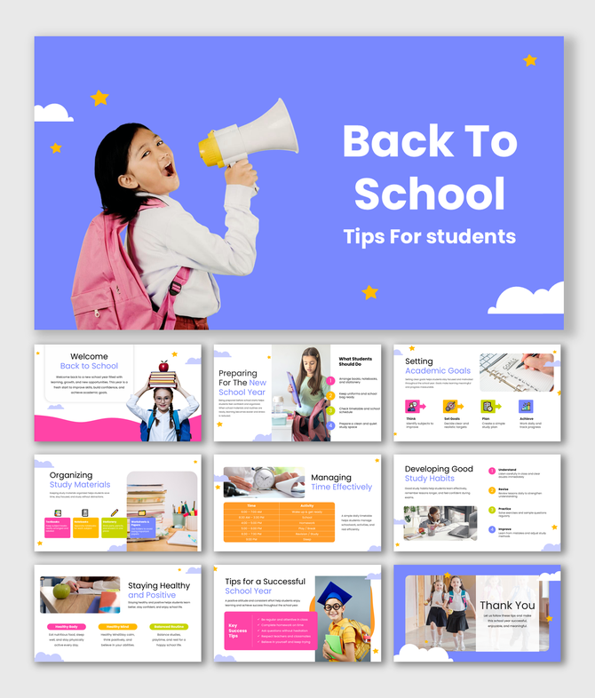 Back to school tips for students presentation with purple theme, study tips, icons, and organized slides.