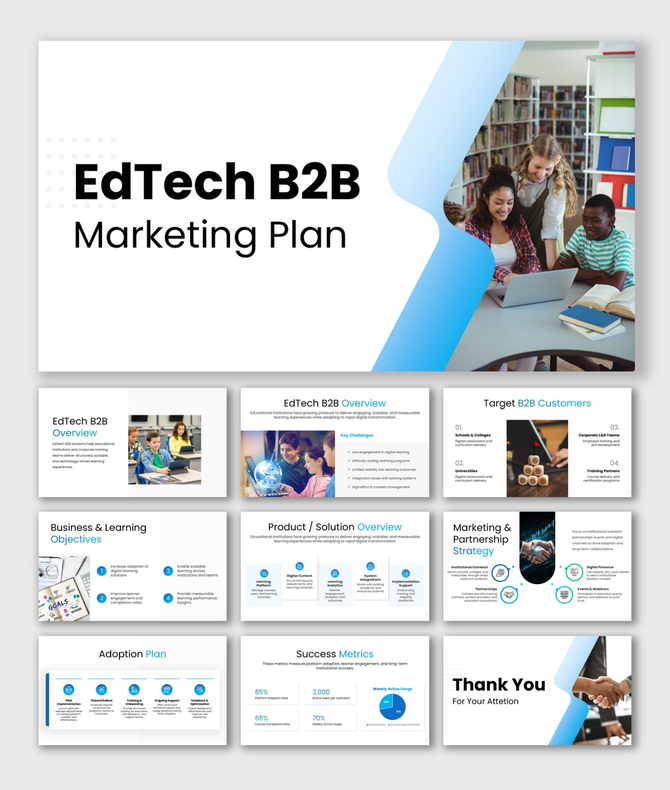 EdTech B2B Marketing Plan presentation with blue theme, target segments, product overview, and success metrics.