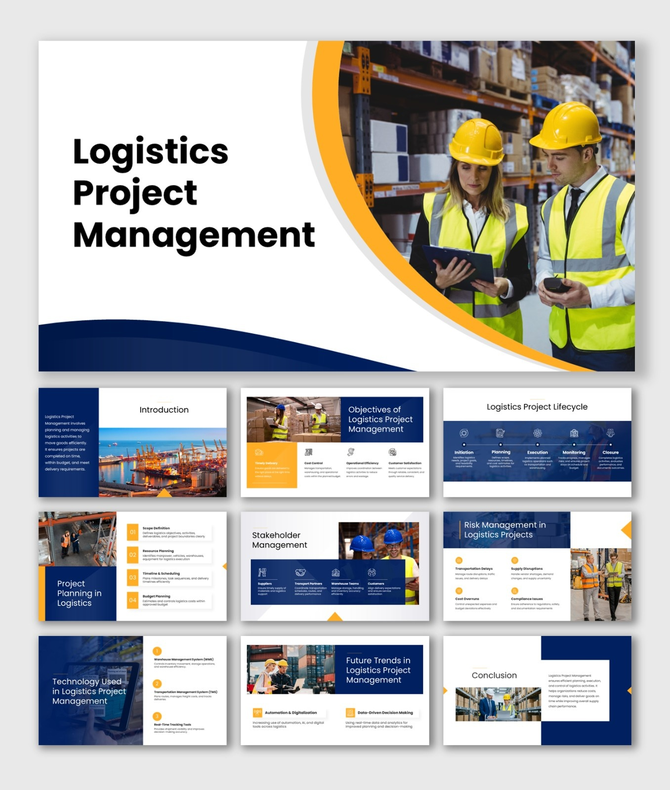 Logistics project management presentation with blue orange theme, lifecycle stages, risk analysis, and planning slides.