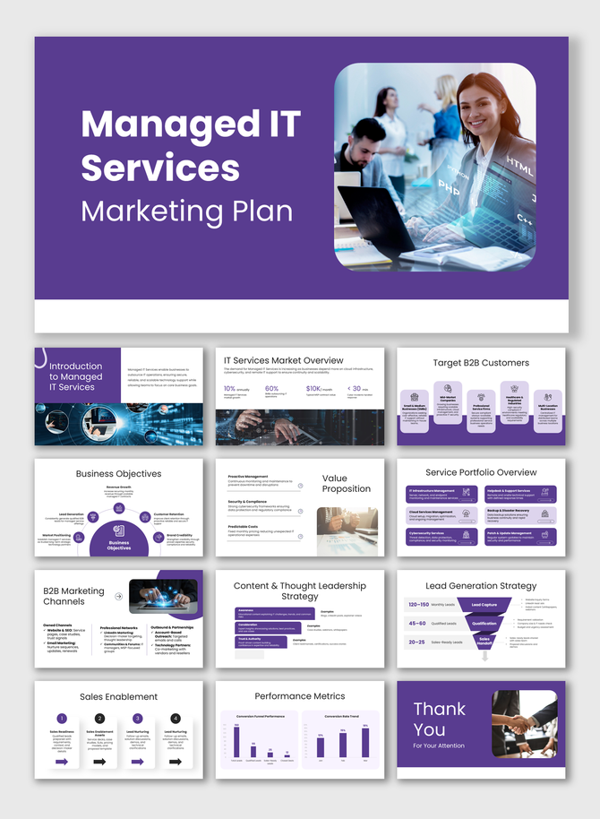 Managed IT Services Marketing Plan presentation with purple theme, B2B targets, value proposition, and KPI charts.