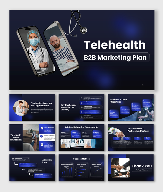 Telehealth B2B marketing plan presentation with dark blue theme, doctor video screens, strategy slides, and KPI charts.