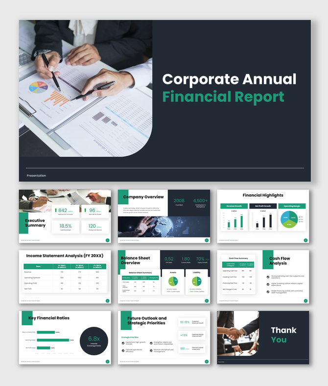 Corporate annual financial report presentation with dark theme, revenue charts, balance sheet and cash flow analysis slides.
