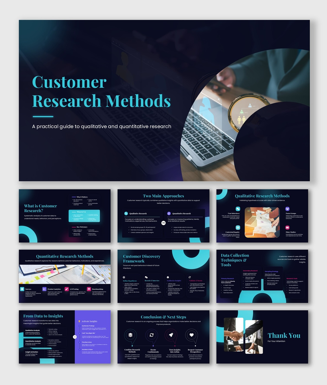 Customer research methods PPT with dark blue theme, laptop visuals, charts, icons, shapes, and clean layouts for insights.