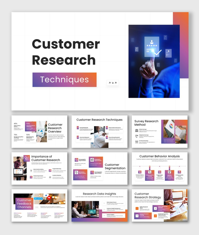 Customer research techniques slides with white grid, gradient blocks, charts, icons, shapes, and clean layouts for insights.