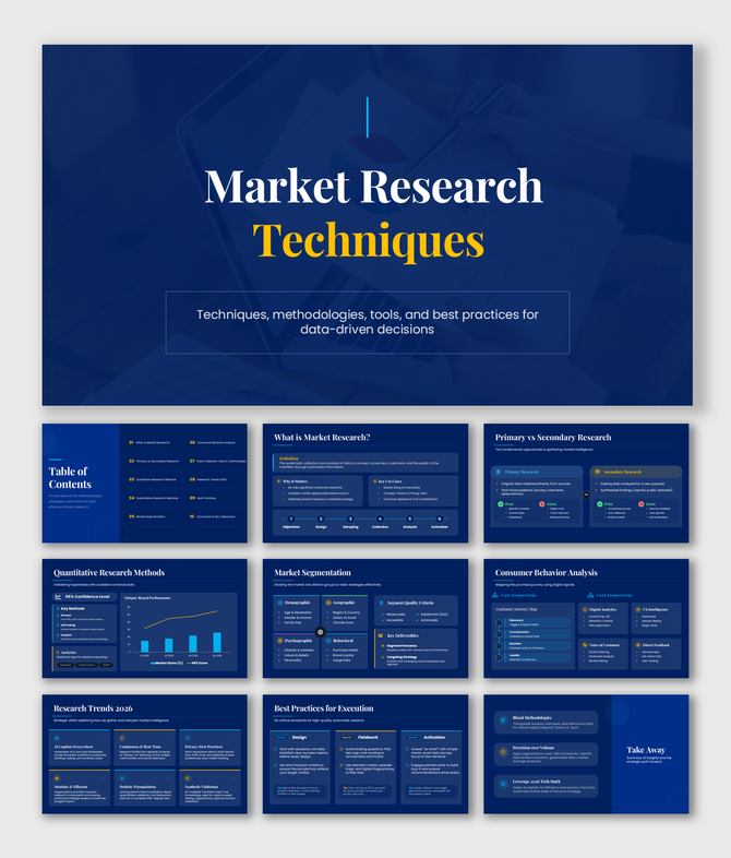 Market research techniques slides with dark blue theme, charts, graphs, data panels, icons, and clean layouts for insights.