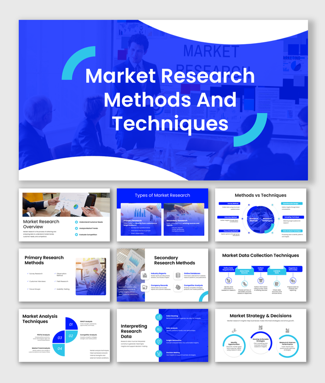 Market research methods and techniques PPT with blue theme, charts, graphs, icons, shapes, and clean layouts for insights.
