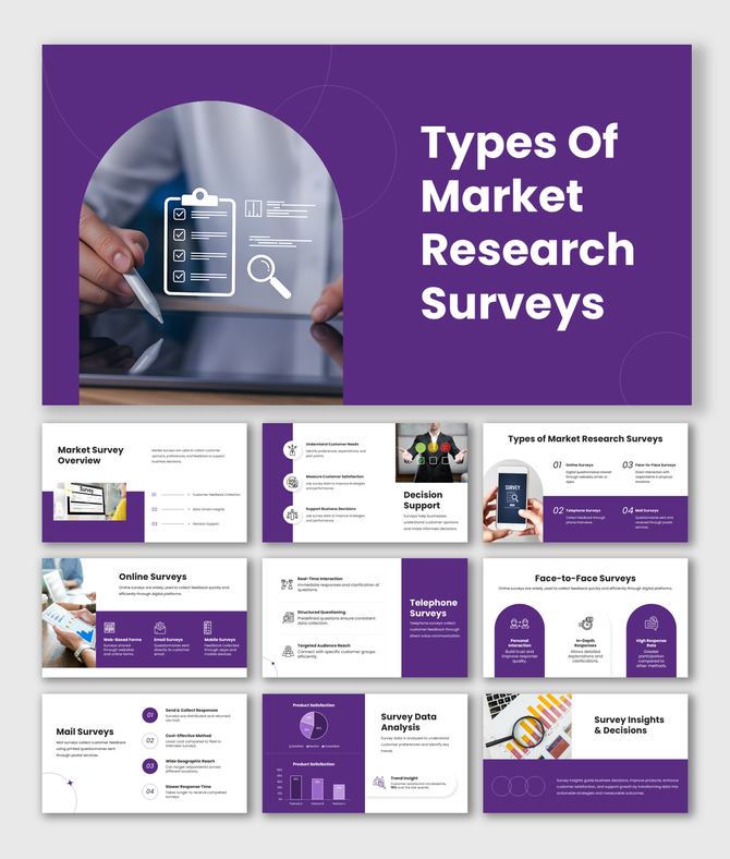 Types of market research surveys PPT with purple theme, charts, icons, shapes, and clean layouts for survey insights.