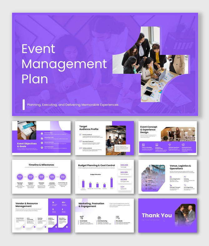 Event management plan slides with purple theme, team visuals, charts, icons, and clean layouts for planning and execution.