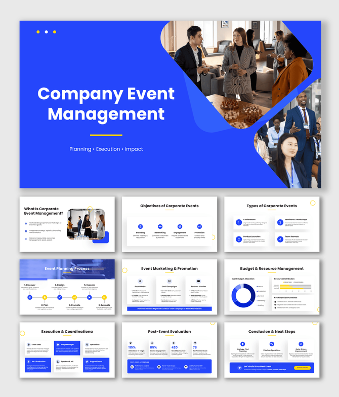 Company event management PPT covering planning, promotion, budgeting, execution, and post-event evaluation.
