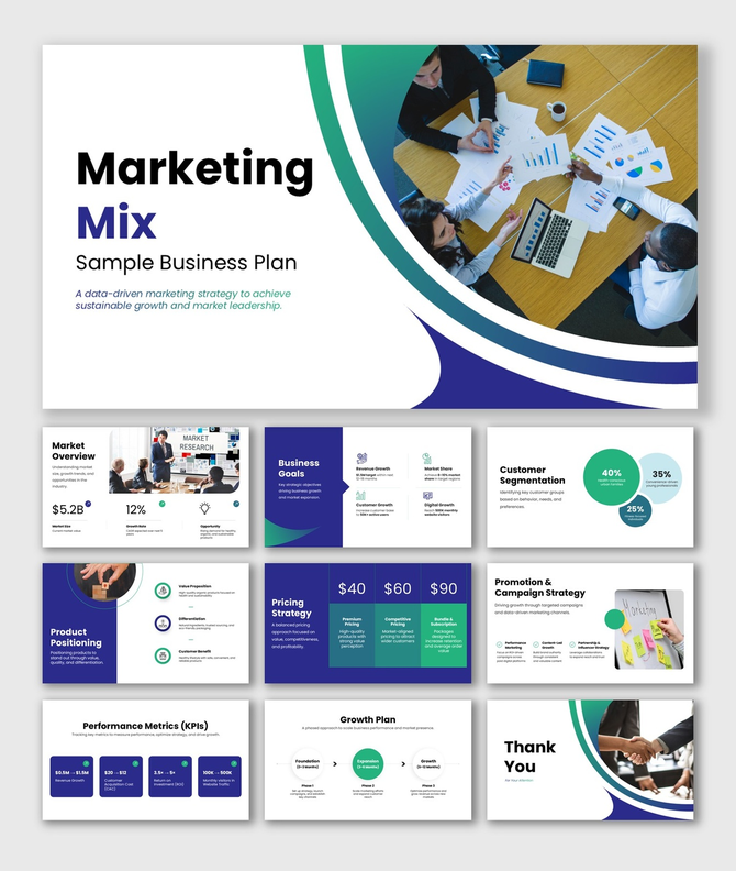 Marketing mix sample business plan slides with charts, pricing, KPIs, and modern blue green layouts for strategy use.