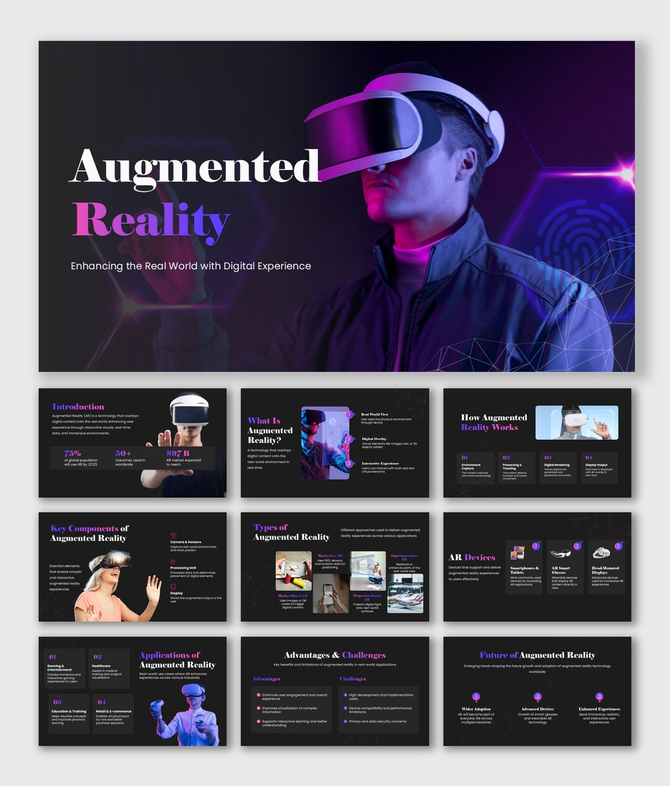 Augmented reality presentation with neon dark theme, VR visuals, icons, and clean layouts for immersive tech insights.