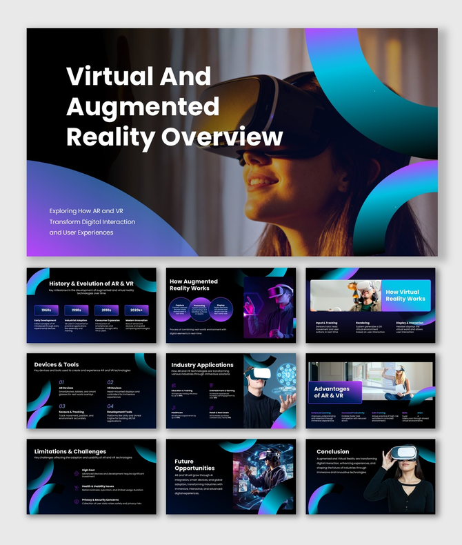 Virtual and augmented reality overview slides with dark theme, VR visuals, gradients, and clear layouts for insights.