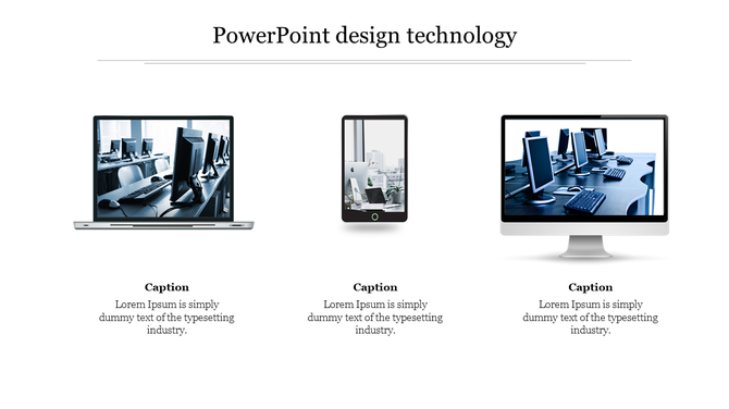 Technology slide featuring laptop, smartphone, and desktop images with captions below, on a white background.