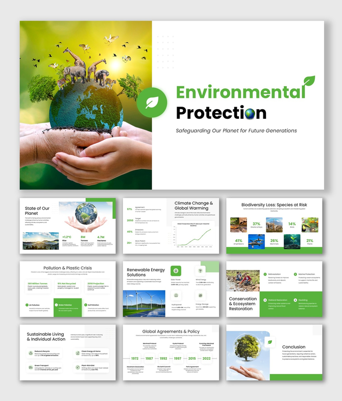 Environmental protection presentation on climate change, pollution, biodiversity, renewable energy, and conservation.