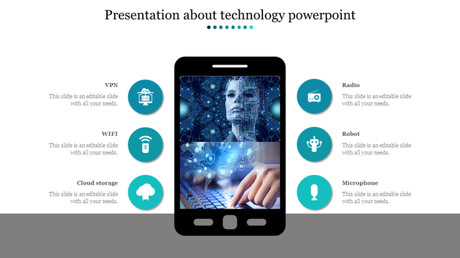 Technology-themed slide with a smartphone illustration showing a digital face and global network, surrounded by icons.
