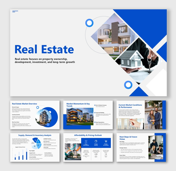 Real estate PowerPoint slide featuring an illustration of a house in a hand with checkmark icons.