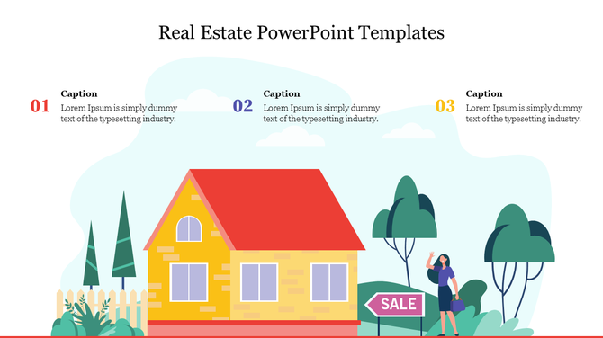 Real estate slide illustration with a house, landscaping, and placeholders text areas placed in a white backdrop.