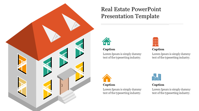 Real estate-themed slide with a 3D house image and vibrant building icons organized alongside placeholder text areas.