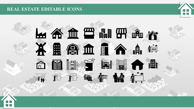 Black silhouette real estate icons over a backdrop of subtle house graphics placed in a grey background.