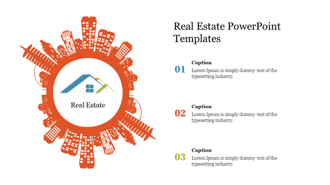 Real estate PowerPoint template with a circular design featuring a house icon in the center and city buildings around it.