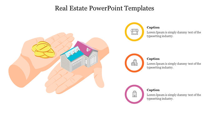 Real estate slide with hands holding a house and coins, paired with yellow, orange, and pink icons and captions on the side.