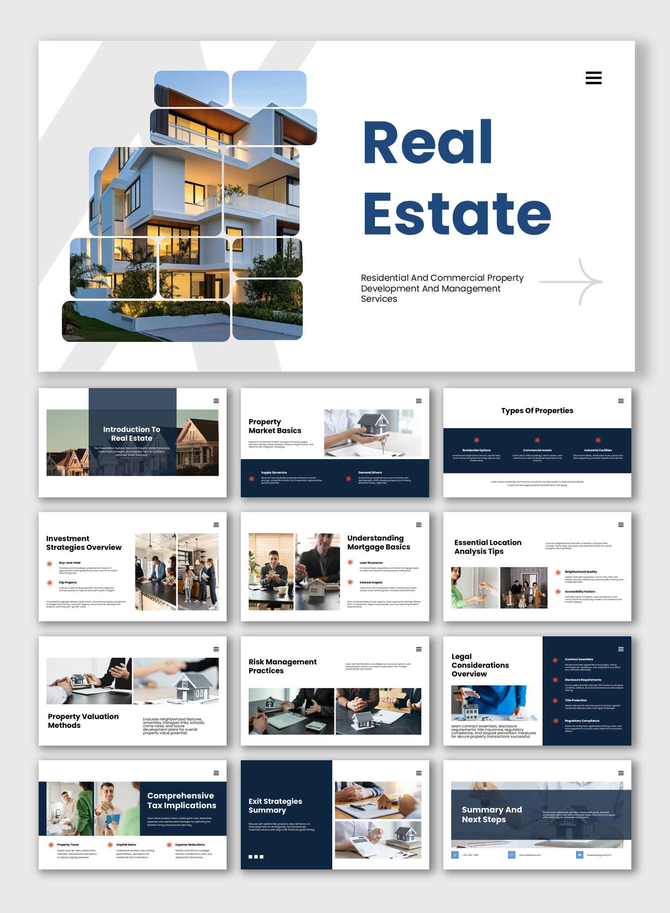 The Real Estate PowerPoint templates show building photos, charts, icons, text boxes, and clean blue white layout shapes.