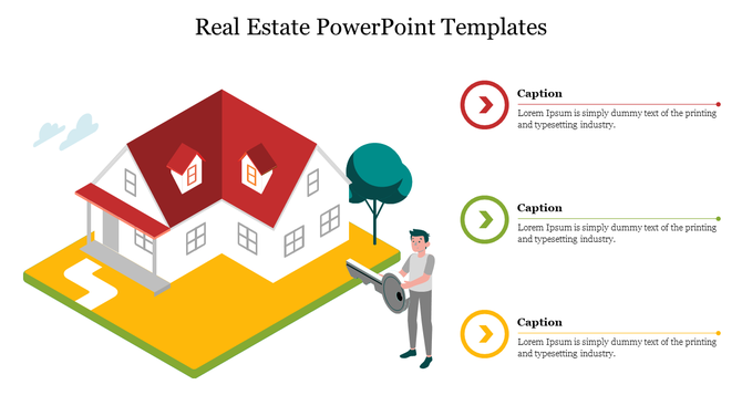 Real estate slide with a 3D house illustration on the left, a person holding a key, and three colored icons on the right.