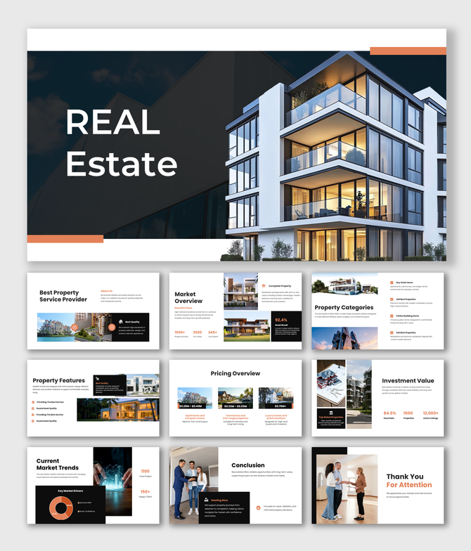 Modern real estate presentation showcasing luxury properties, pricing, market trends, and investment insights.