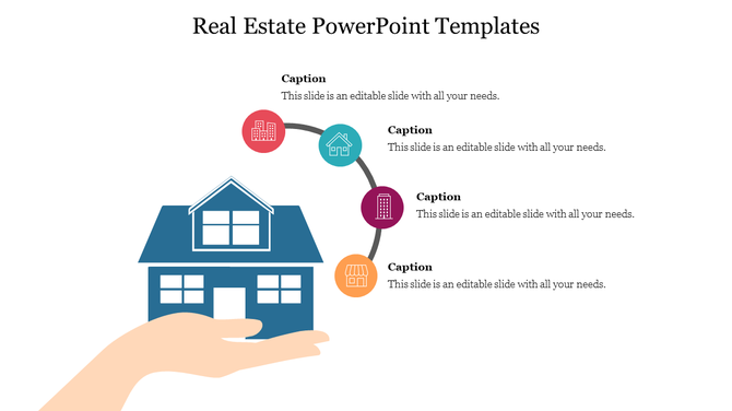 Real estate PowerPoint template featuring a house held by a hand, with four icons connected by lines for captions.