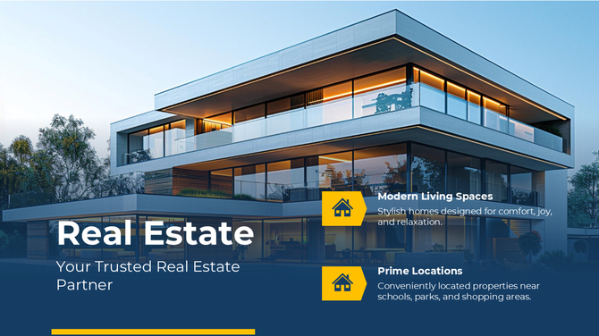 Real Estate banner with a modern house, bold title, blue overlay, and yellow icons highlighting comfort and prime locations.