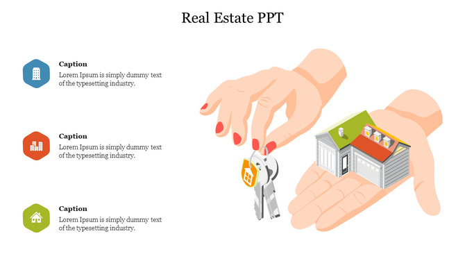 Real estate slide with an illustration of hands holding a house and a key with a house-shaped keychain, with captions areas.