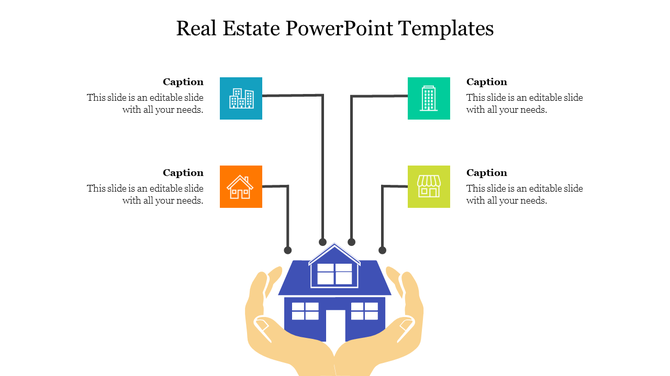 Real estate slide with hands holding a blue house graphic, connected to four colorful square icons with captions above.